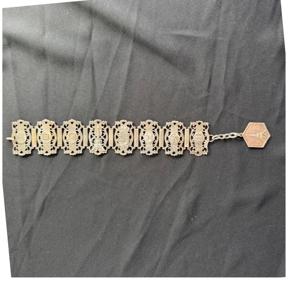 Vintage Paris France Souvenir Panel Bracelet Eiffel Tower Notre Dame Silver Tone